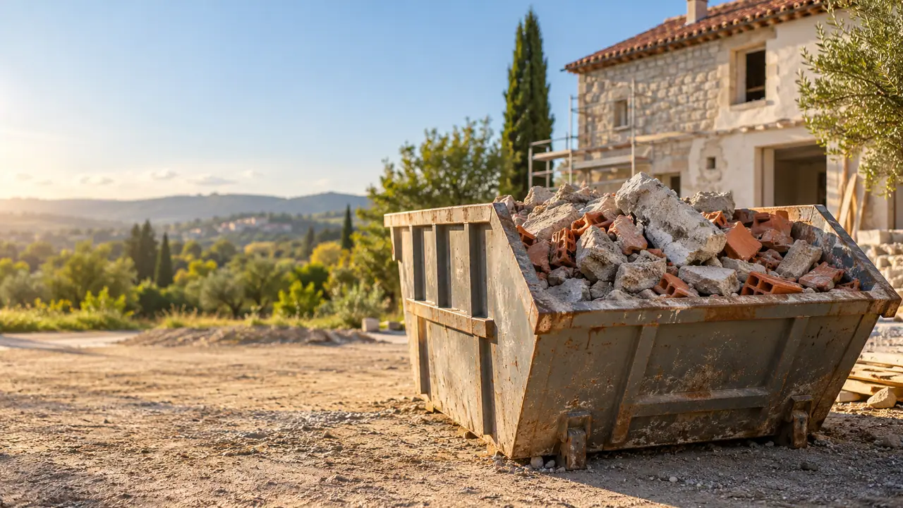 Benne de gravats triés au bord d’un chantier