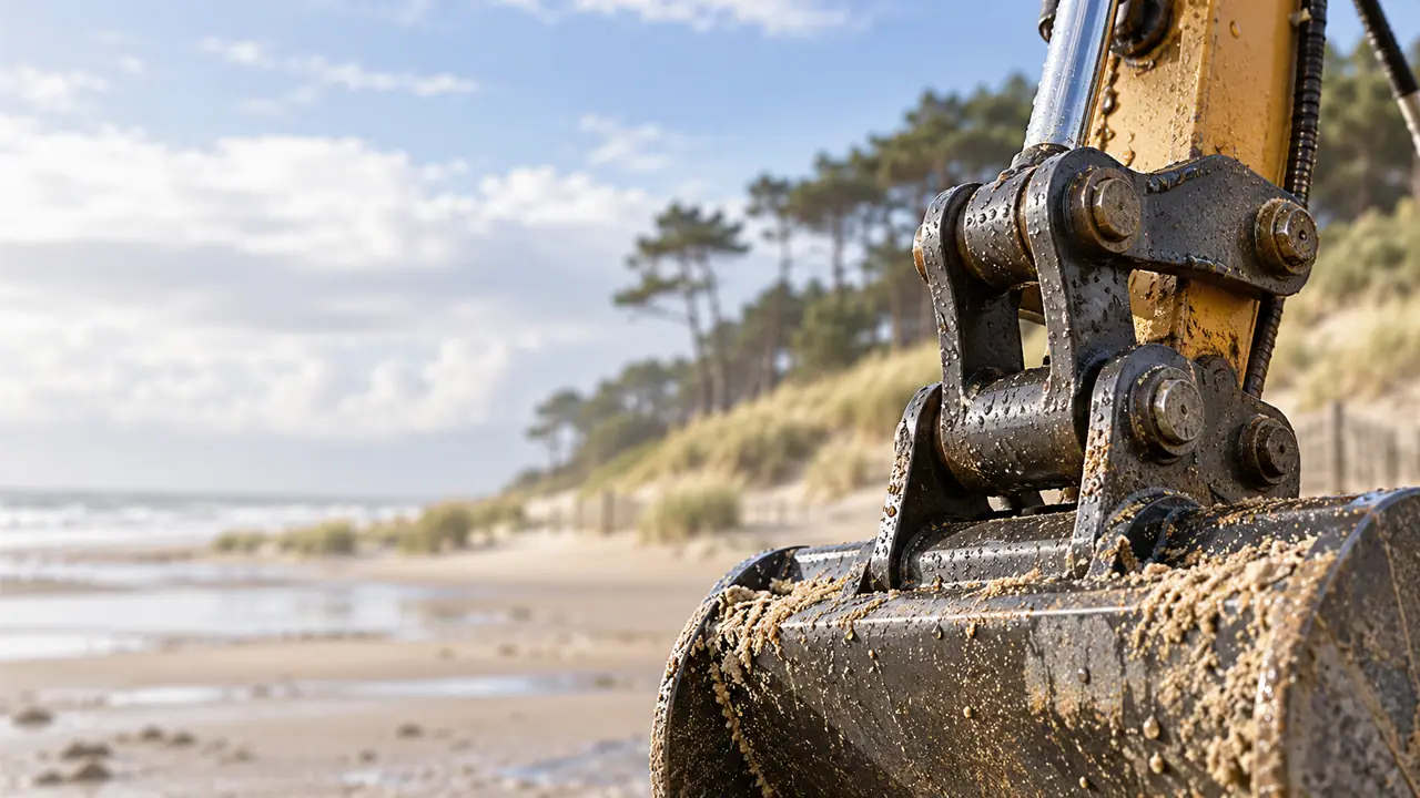 Mini-pelle sur un terrain sableux près des dunes