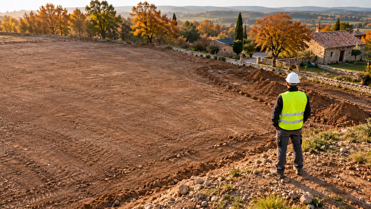 Conducteur de dos, casque et gilet, observant le terrain à creuser