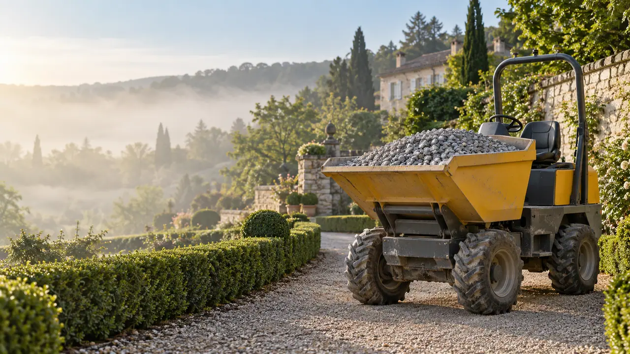 Dumper chargé de gravier dans une allée de jardin