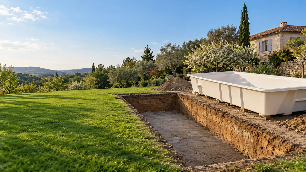 Coque de piscine prête à être posée dans sa fouille