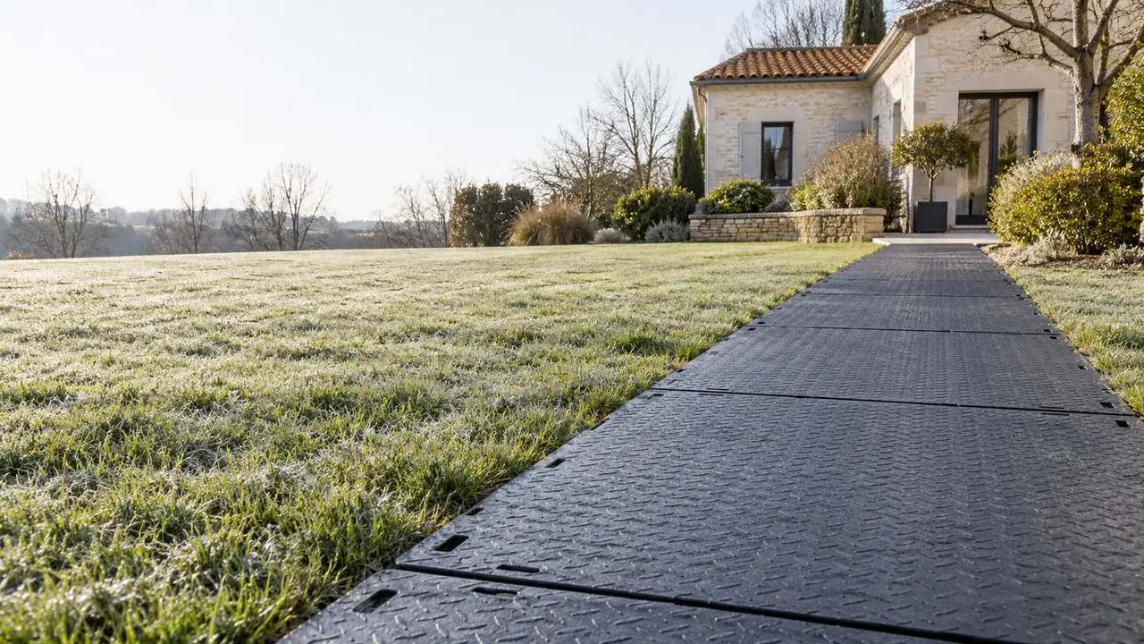 Plaques de protection de sol posées sur une pelouse