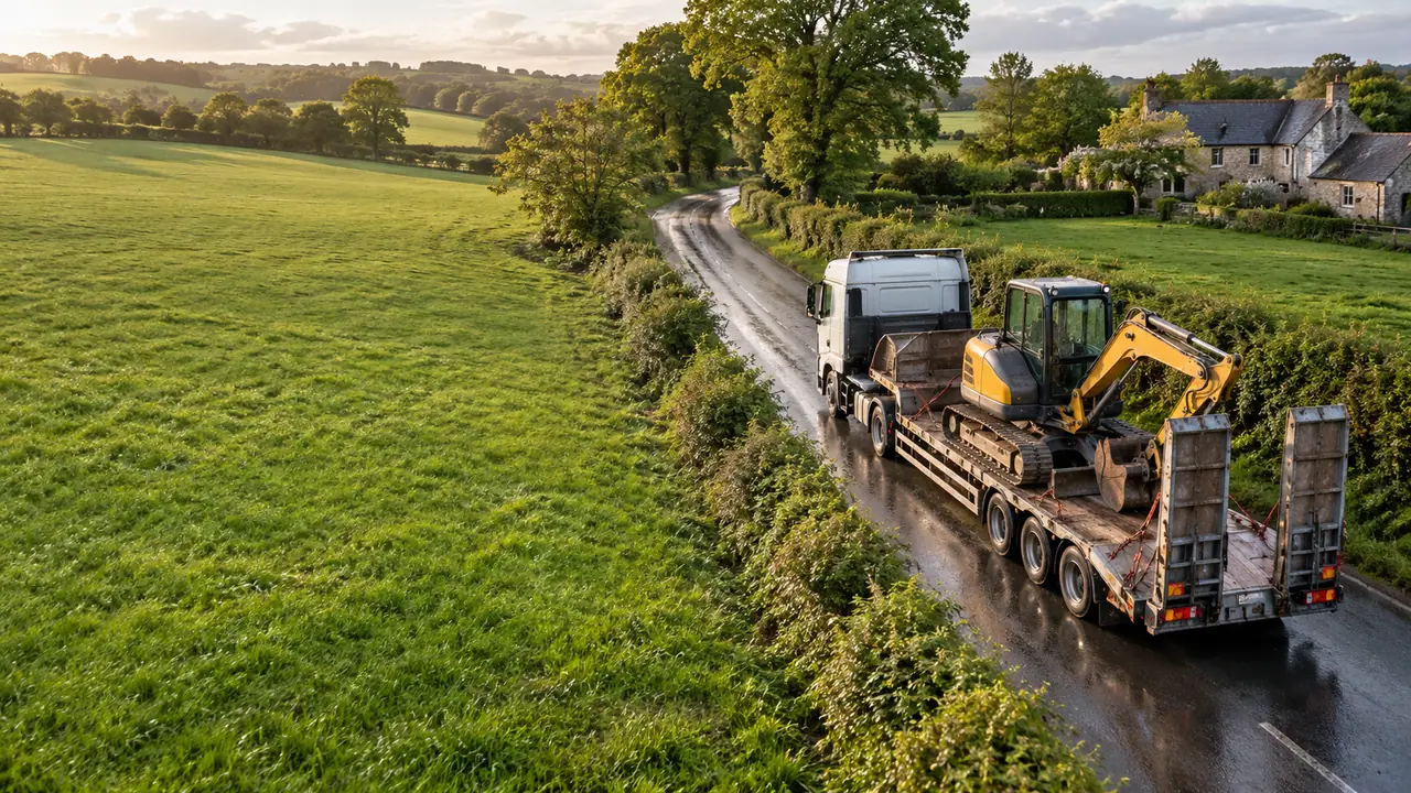 Porte-engin transportant une mini-pelle sur une route de campagne